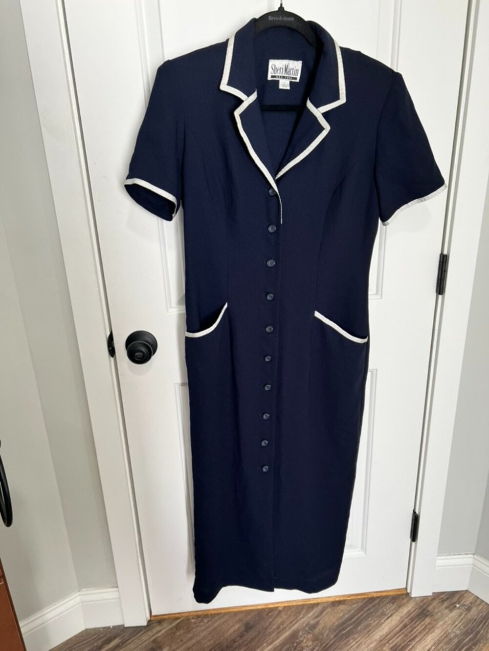 Vintage Sheri Martin New York Navy Blue White Trim Button Front Midi Dress Size
